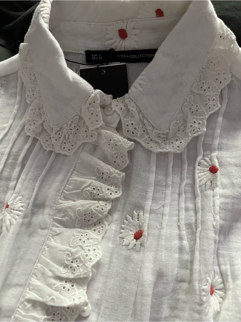 Sfera Collection White Embroidered Ruffle Blouse with Red Accents